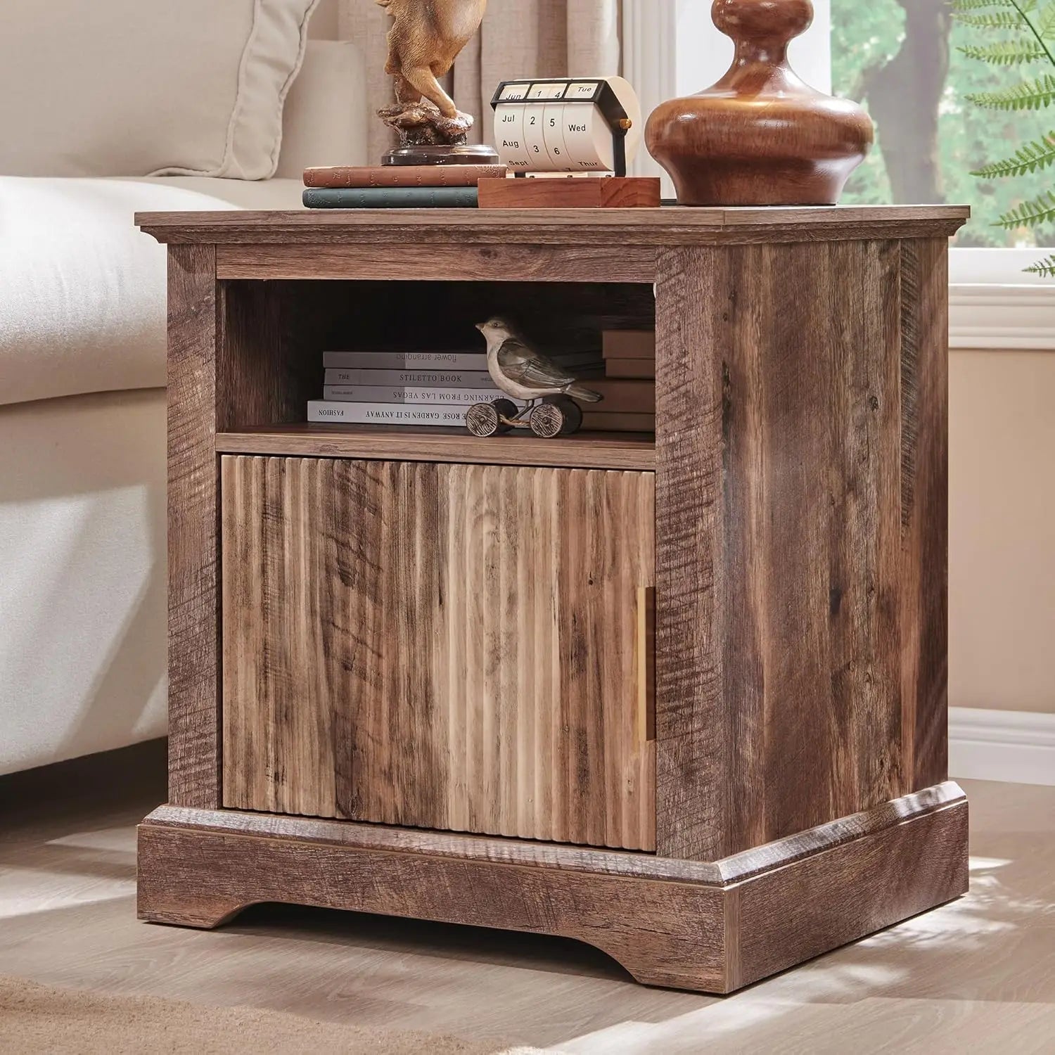 Fluted nightstand with charging station 22’’ large modern side table wood end w/open shelf & spacious tabletop bedside