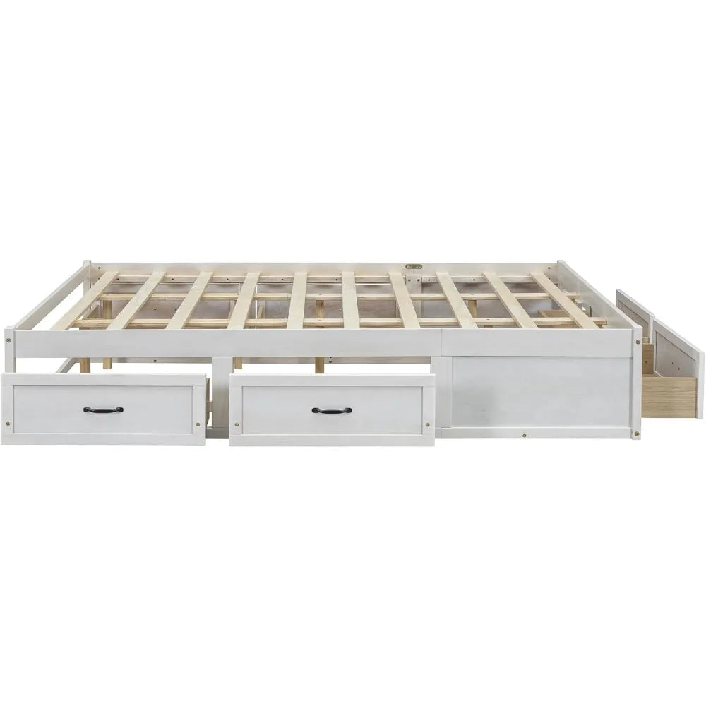 Merax platform bed queen size wooden frame with 6 storage drawers without headboard design wood slat support no box spri