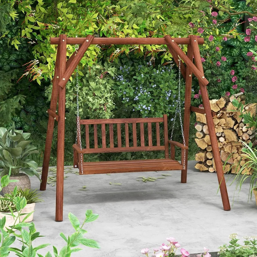 2person wooden outdoor porch swing heavy duty patio hanging bench chair with 500 lbs weight capacity 5.6 ft adjustable