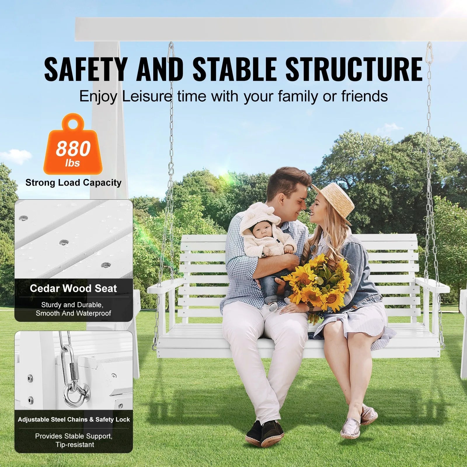 5ft porch swing bench wooden hanging outdoor garden patio courtyard white - united states / ivory