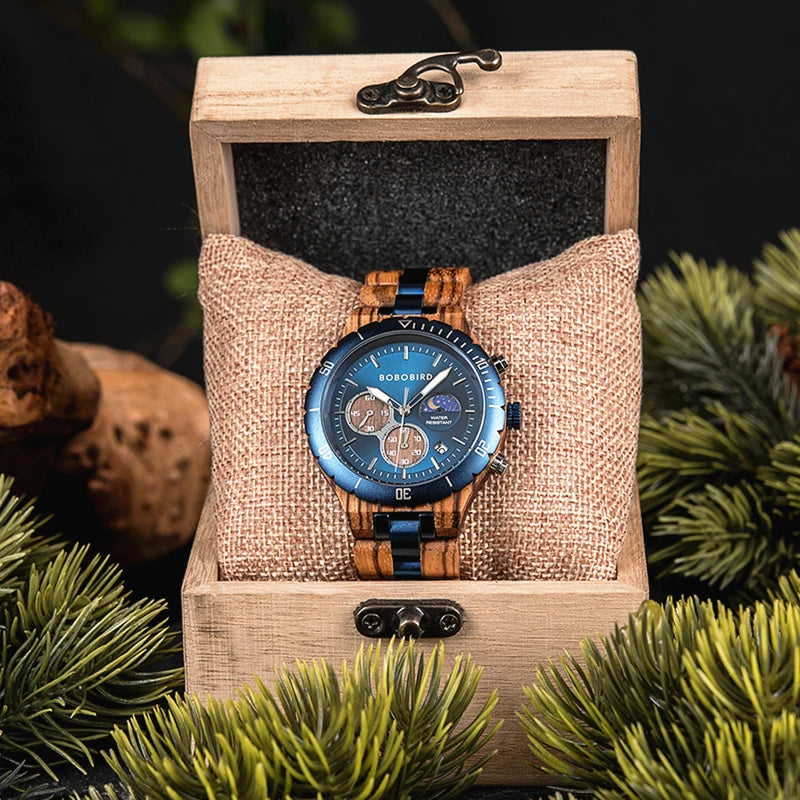 Bobo bird men’s watches wood & stainless steel combined wristwatch chronograph auto-date clock with gift box
