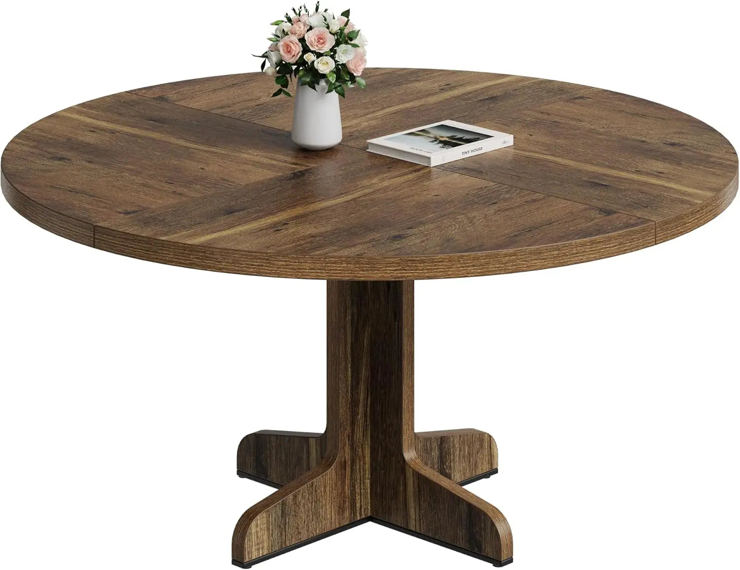 Round dining table for 4 47 inch farmhouse circle kitchen with wood tabletop and stable base home room living - brown