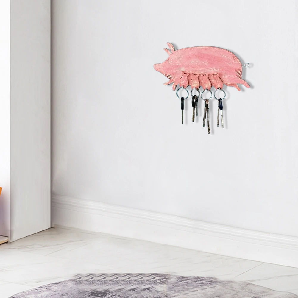 Piggy key ring wooden hanging board decorative chain pendant creative pig wall hook for home decoration
