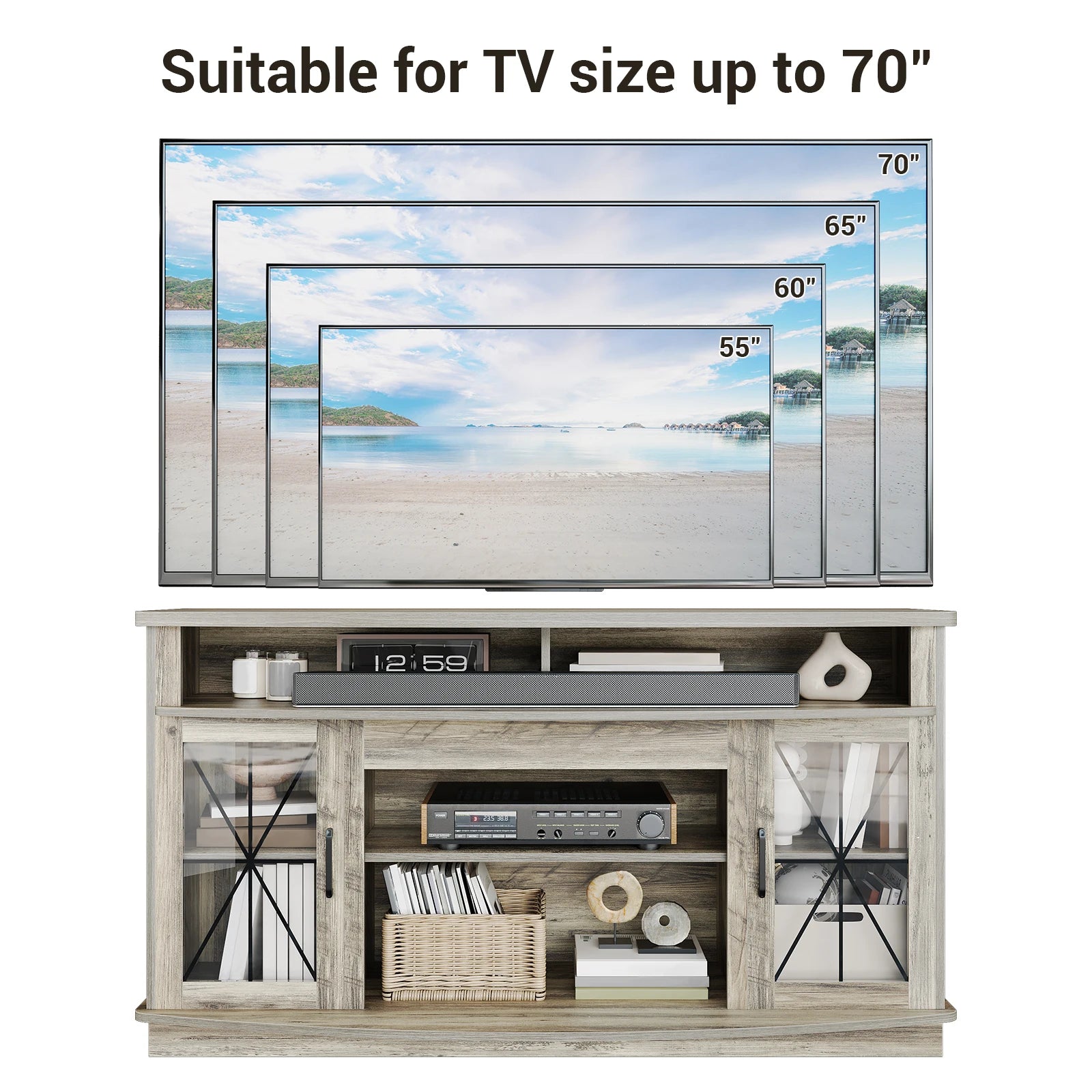 Tv stand for living room farmhouse tvs up to 70’’ 32’’ tall entertainment center with storage cabinets open shelves