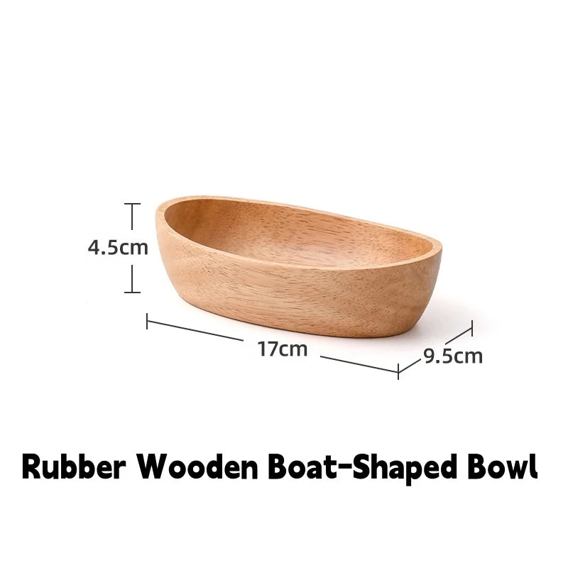 Rubber wooden boat-shaped bowl creative wood salad fruit vintage nut dim sum storage plate home kitchen utensils - 17cm