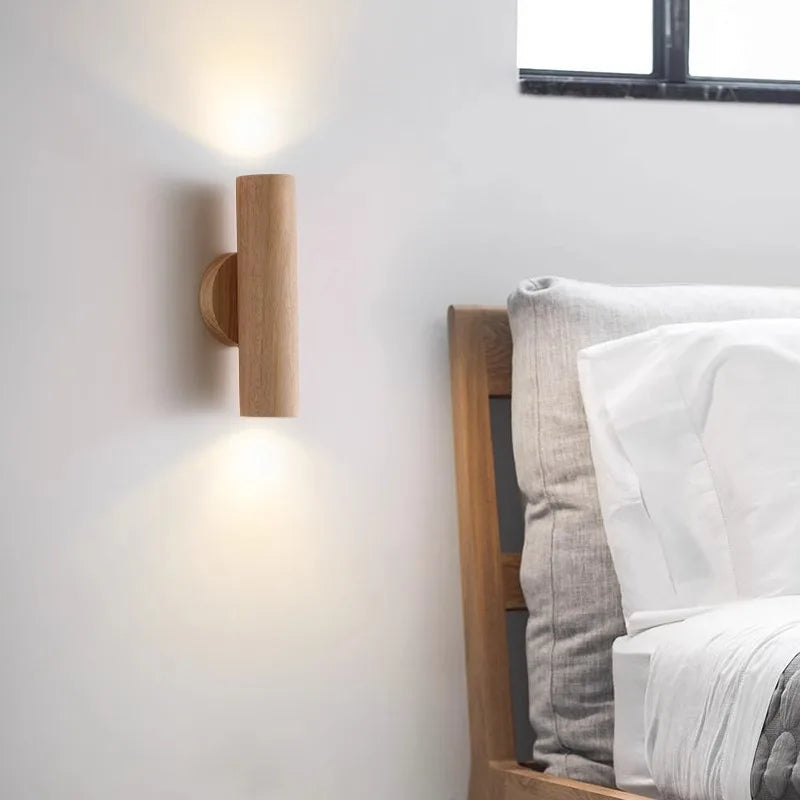 Cylinder oak wooden color glow top and bottom wabi-sabi minimalist style wall sconce light for living bedroom bedside