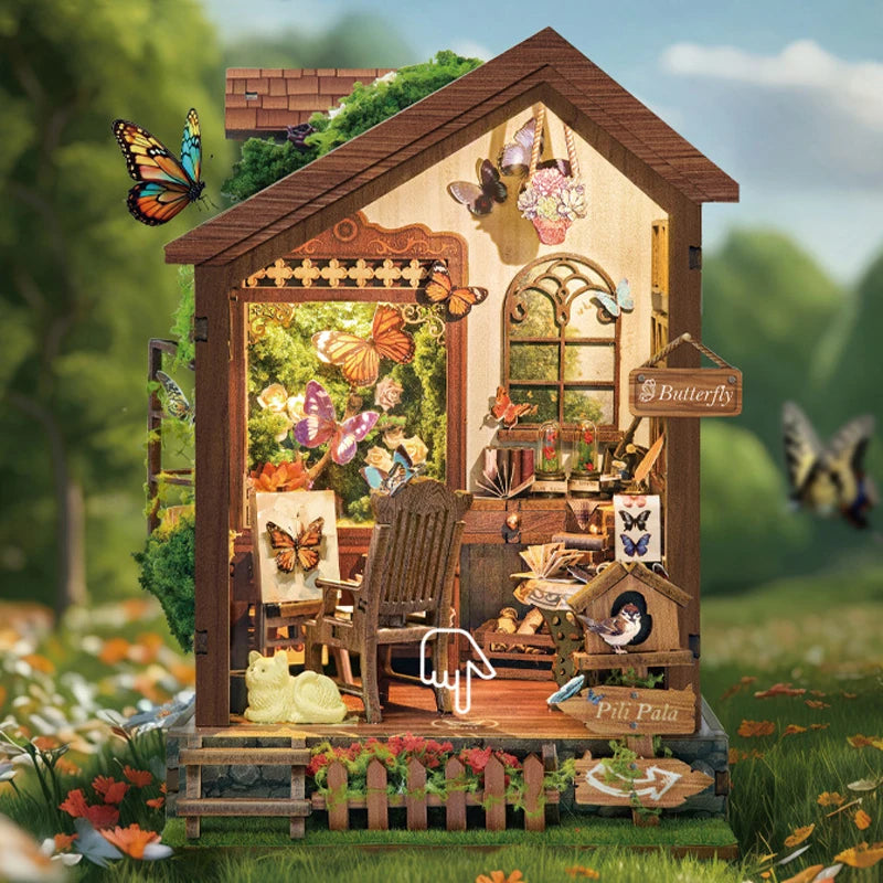 Butterfly house bookend miniature model kits diy wooden book nook shelf kit with lights bookshelf for friends birthday