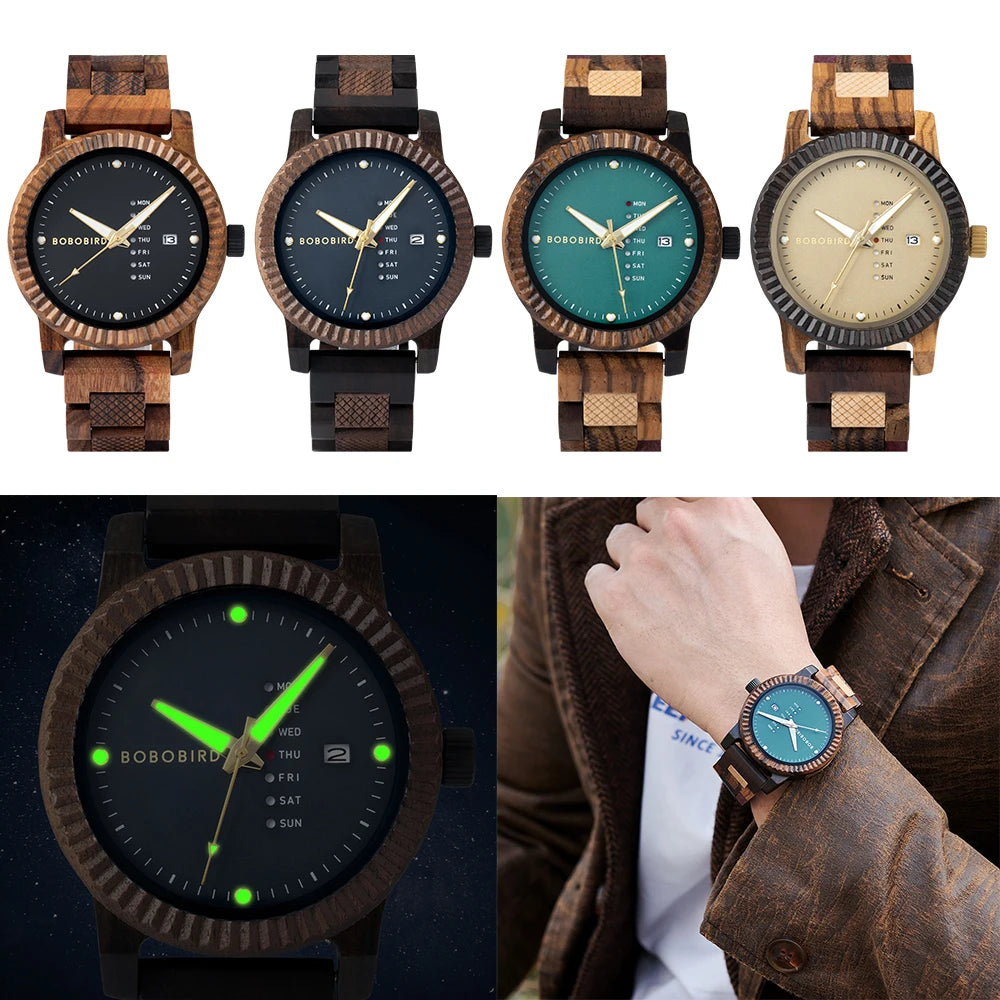 Men’s quartz watch simple fashion new couple wooden bobobird top brand timepieces week date display custom unique gift