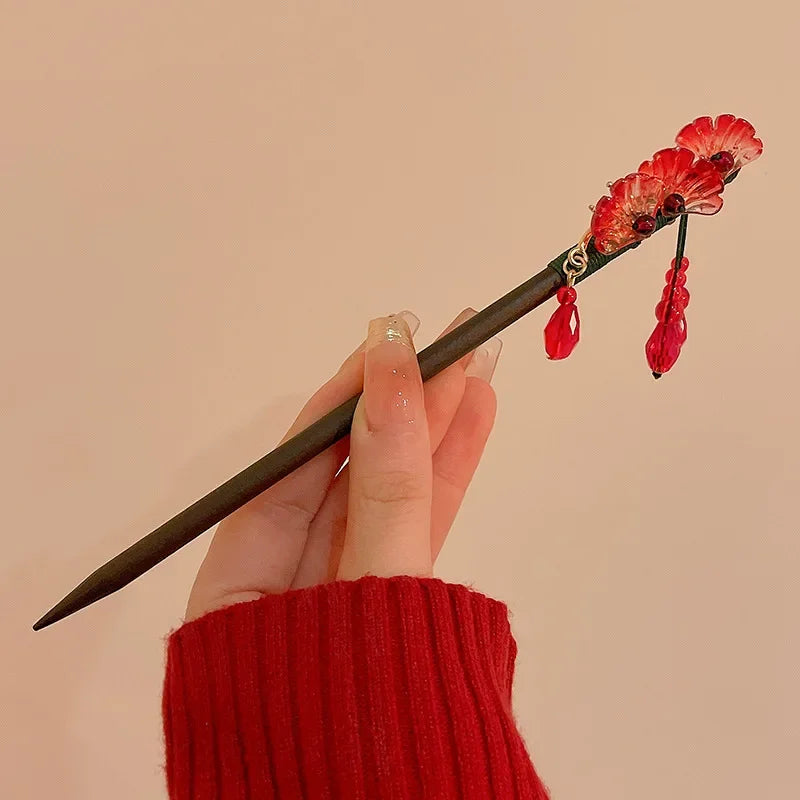 Red flower hairpin new chinese style wooden tassel hair stick ancient cheongsam hanfu women headwear - united states