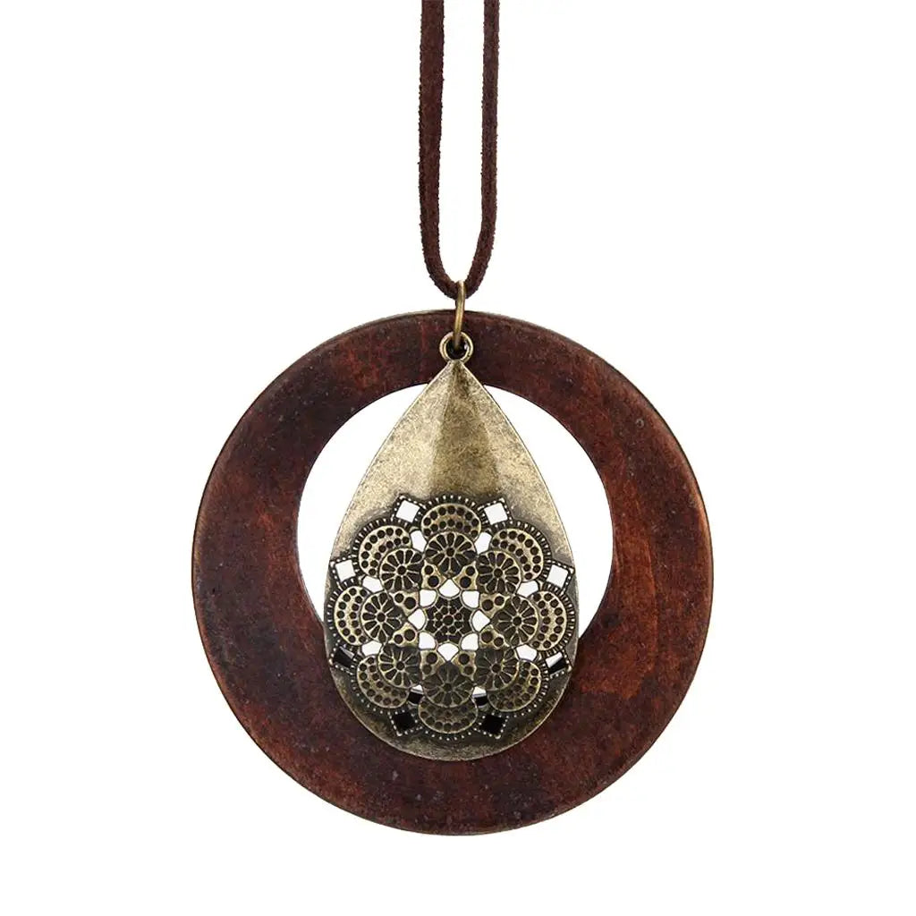 Wooden round pendant necklace vintage long style for sweater pu cord choker party