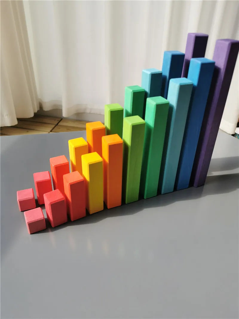 Large wooden building blocks set rainbow stacking counting timber square construction tube toys for kids educational