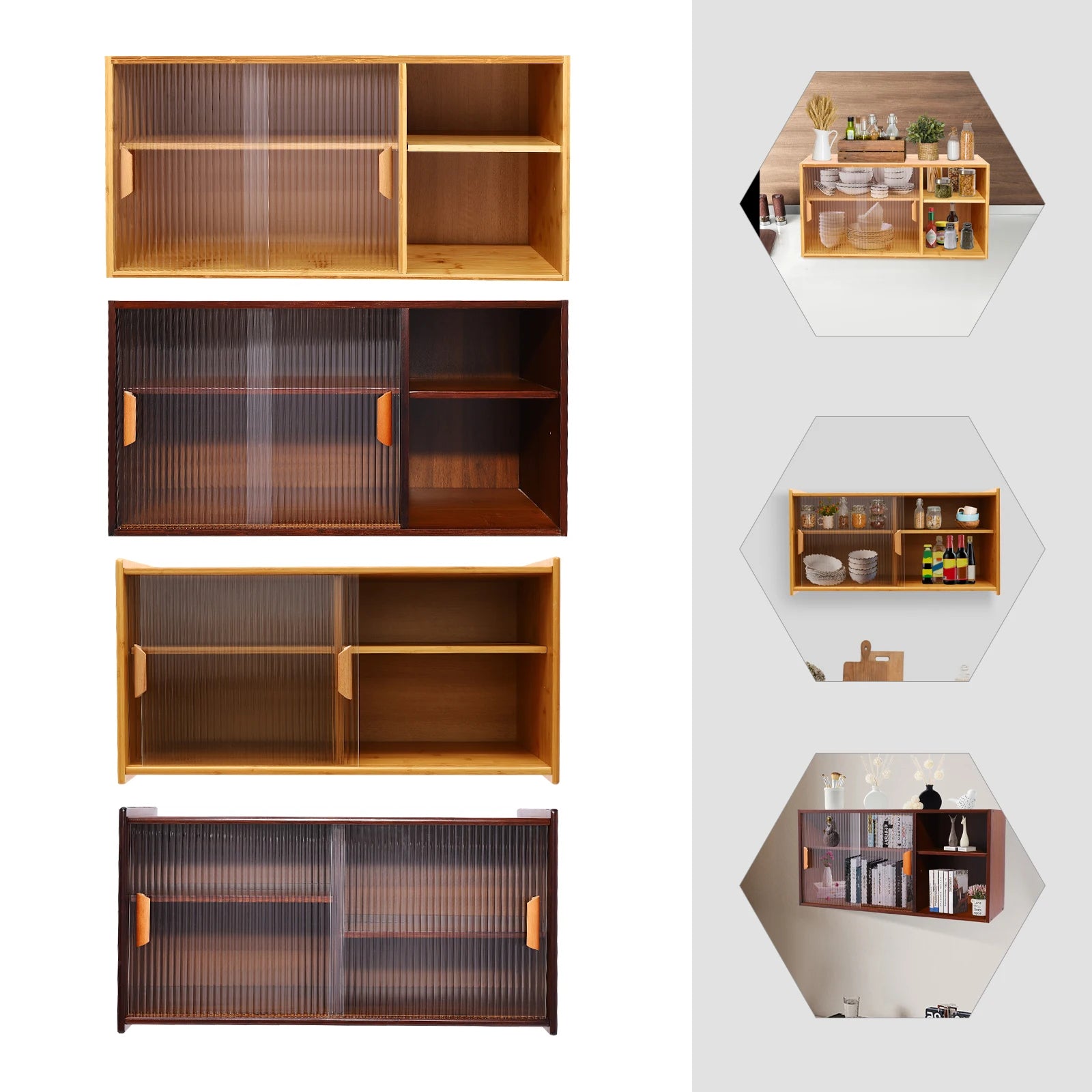 Wall mount bamboo wood pantry cabinet,77/80cm 2 tiers log color/walnut rectangular sideboard with glass doors