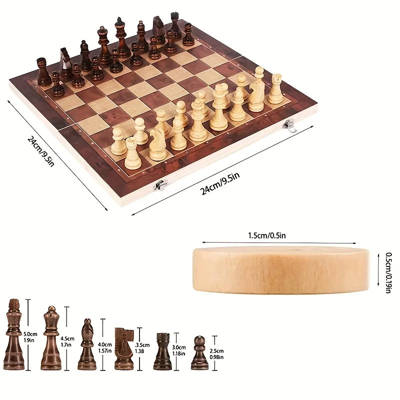3 in 1 foldable international chess folding wooden portable game board for adults high-end gift - 24 x 24cm