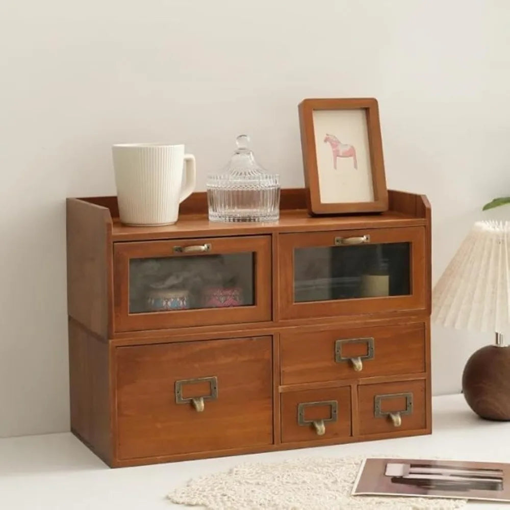 Desktop organizer with 6 drawers vintage desk storage acrylic door wood supplies for living room office - united states