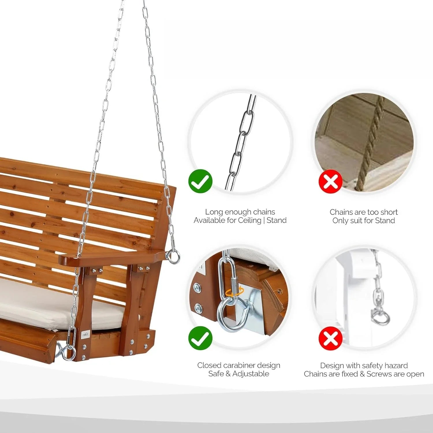 Xmsj.heavy duty 880 lbs patio wooden porch swing outdoor with extra cushion farmhouse hanging bench tree - united states