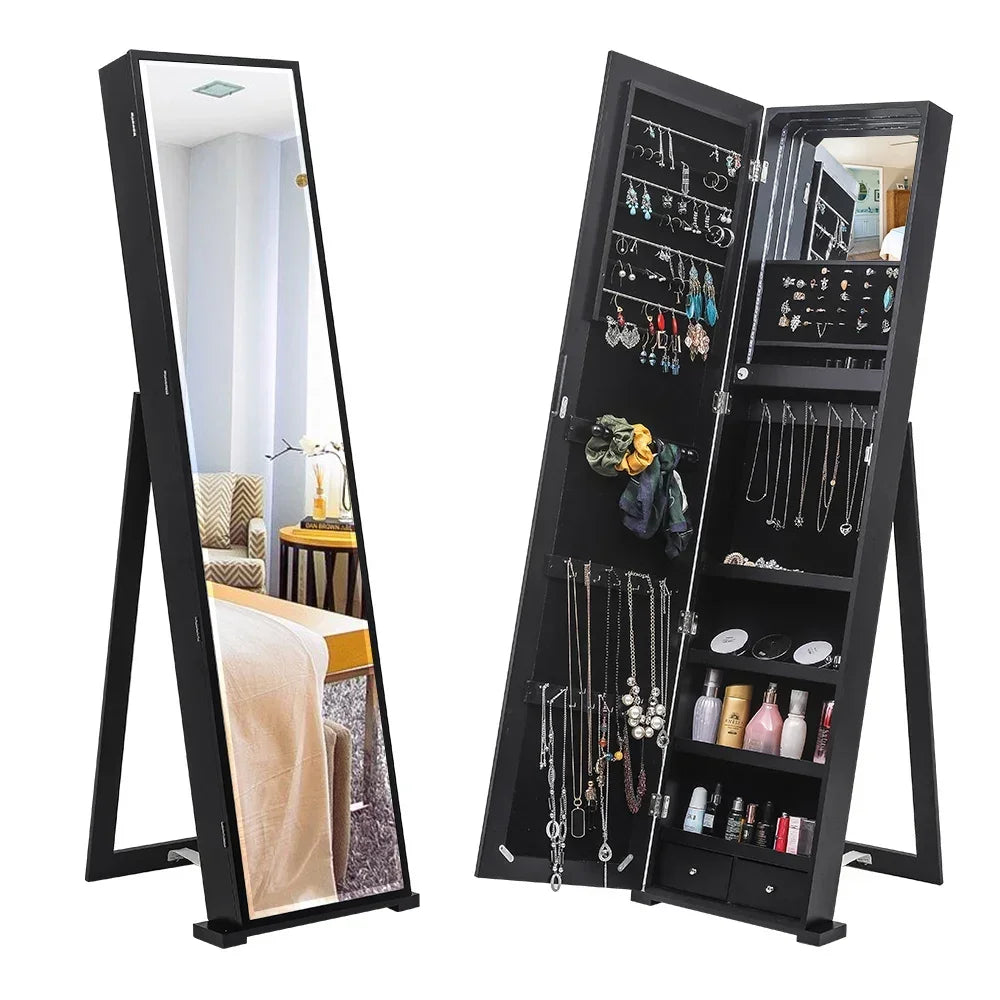 79 blue led jewelry cabinet storage upright with long mirror（black） - black