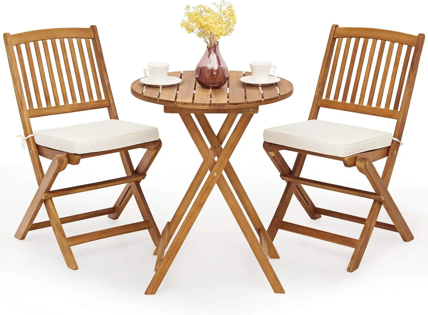 3pcs patio bistro set wood folding table 2 cushioned chairs for garden yard outdoor furniture round - natural beige
