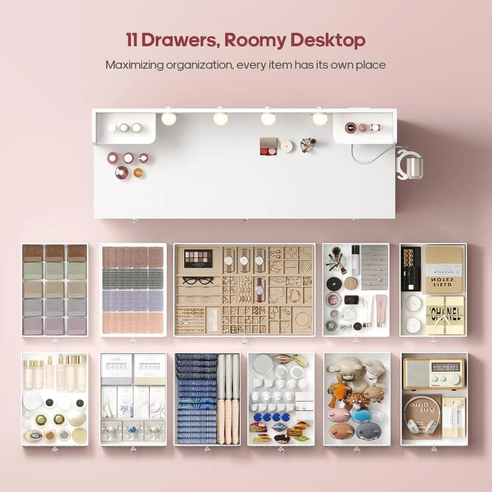 Lighted 11-drawer makeup vanity with power outlet 6-tier storage 43.3’’ desk mirror for dressing - united states / white