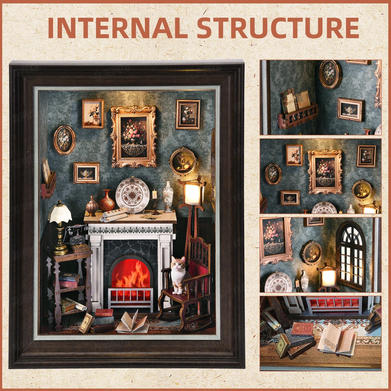 Book nook kit fireplace diy 3d wooden puzzle photo frame ornament bookshelf dollhouse model bookend building home