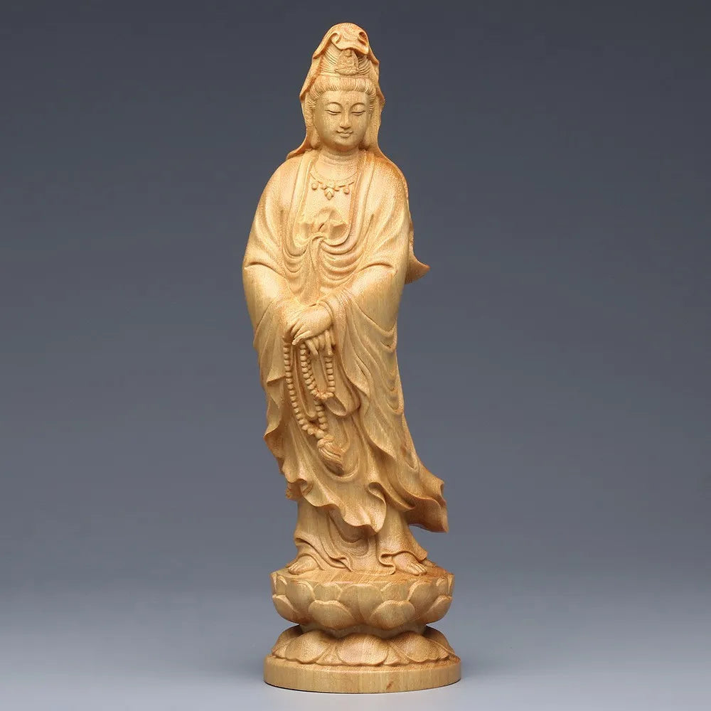 Wood carving avalokitesvara bodhisattva buddha statue boxwood arborvitae figure of home decor crafts offering ornaments