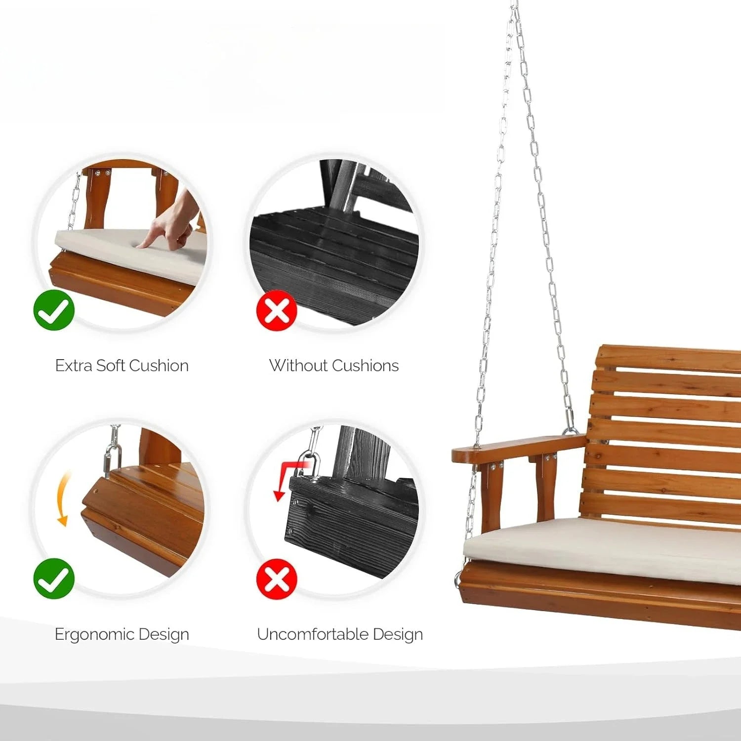 Xmsj.heavy duty 880 lbs patio wooden porch swing outdoor with extra cushion farmhouse hanging bench tree - united states