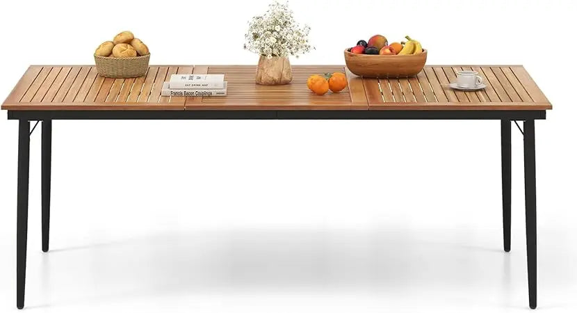 Outdoor dining table for 8 79 inch acacia wood patio with 1.9” umbrella hole metal frame & anti slip foot pads indoor