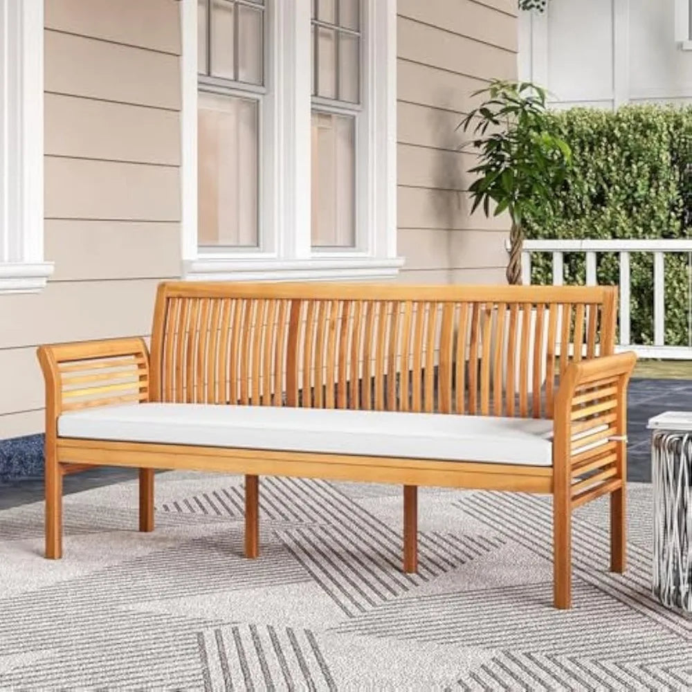 62.5’’ outdoor bench acacia wood - 3-person patio w/backrest armrests & removable seat cushion slatted wooden garden