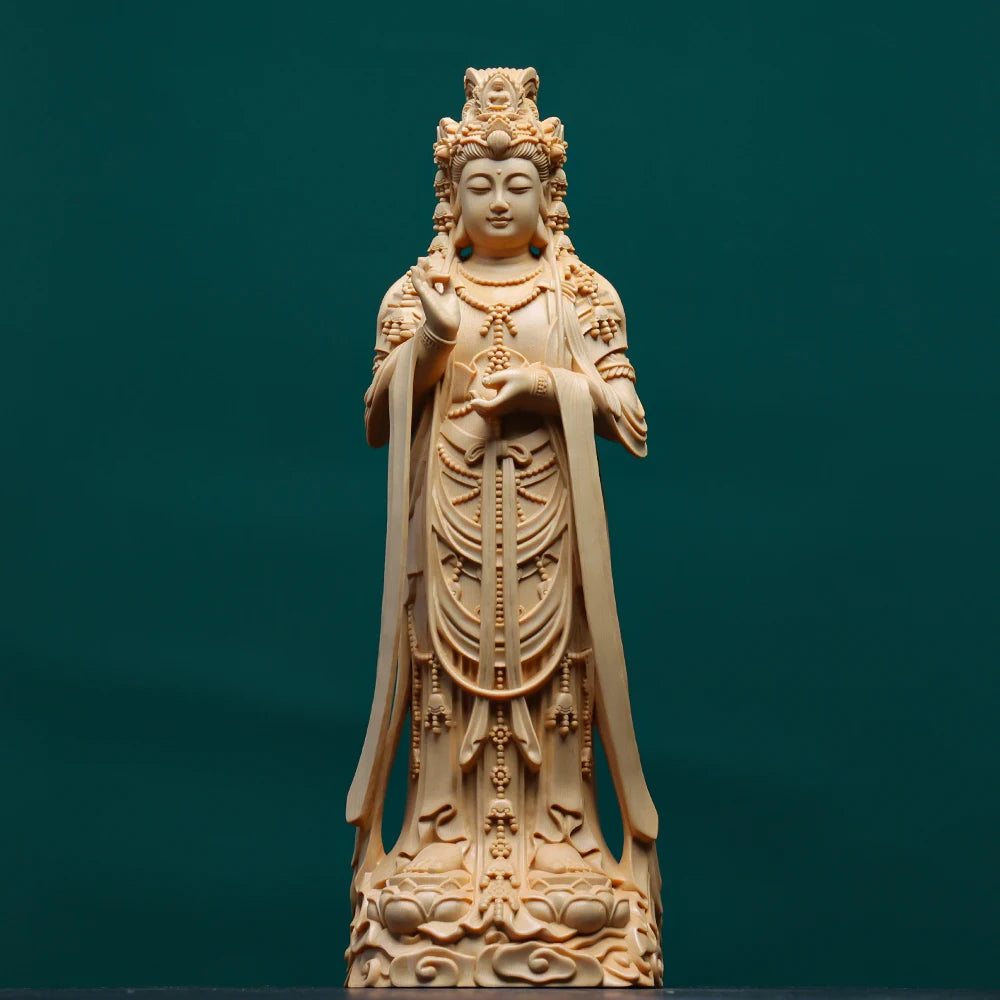 Hand carved hinoki wood standing guanyin kuan yin bodhisattva statue figurine w/ vase lotus base - spiritual temple