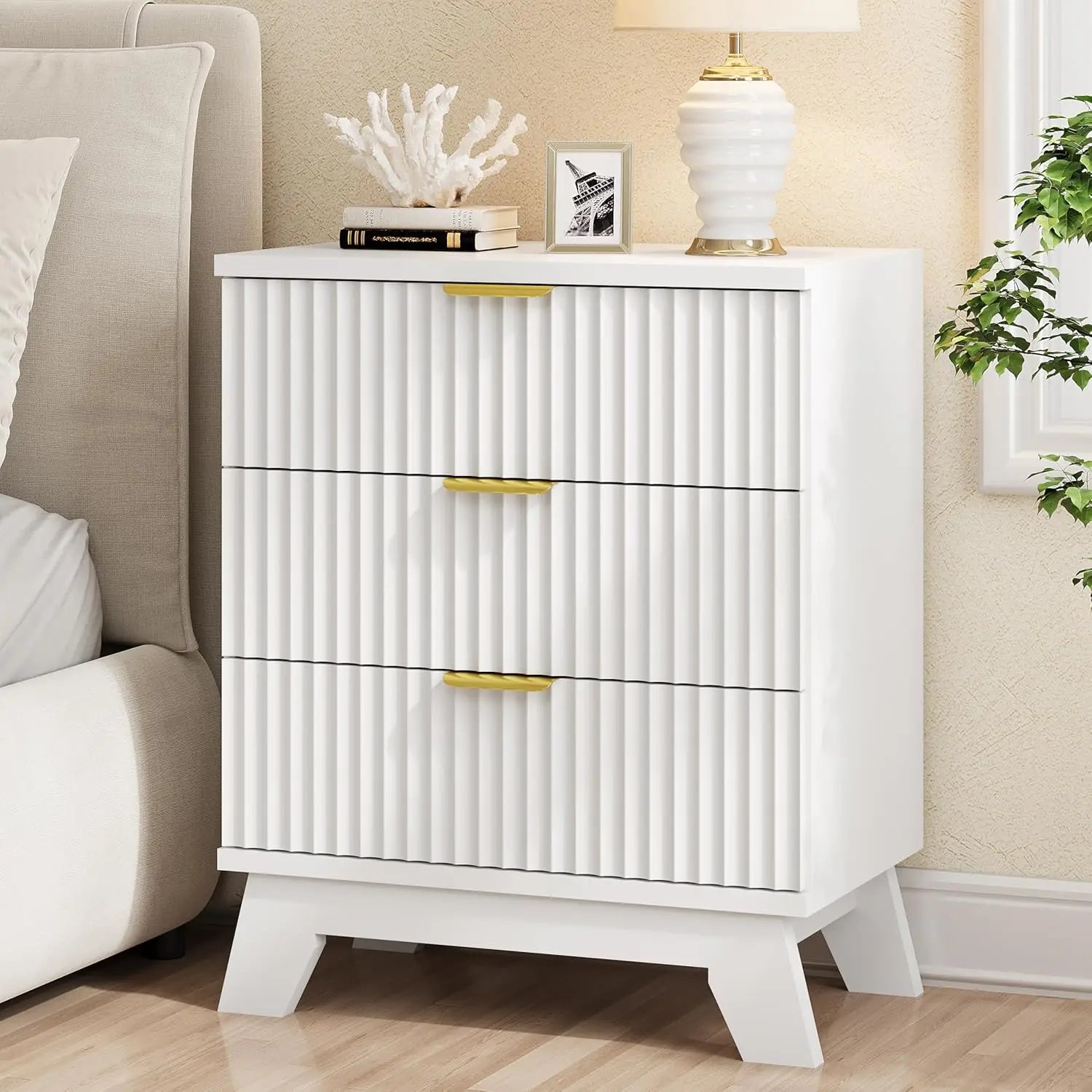 Nightstand 24’’ wide side table with 3 large storage drawers and metal handle wooden bedside end for bedroom living