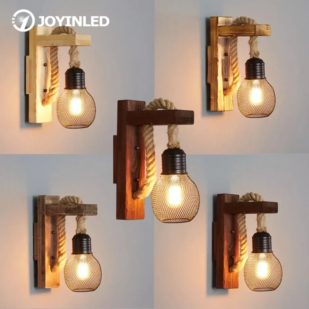 1pcs wood wall lamp vintage sconce lights fixture e27 bedside retro dining room bedroom light room decor