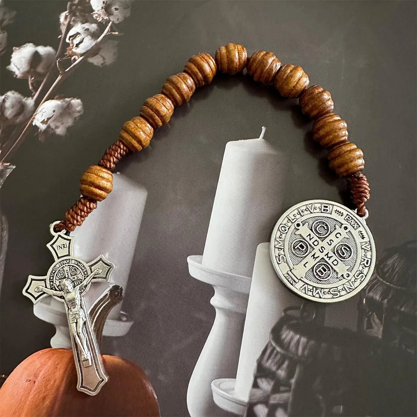 Saint benedict medal prayer pocket rosary catholic brown wood beads with medalla de san benitol and crucifix 9