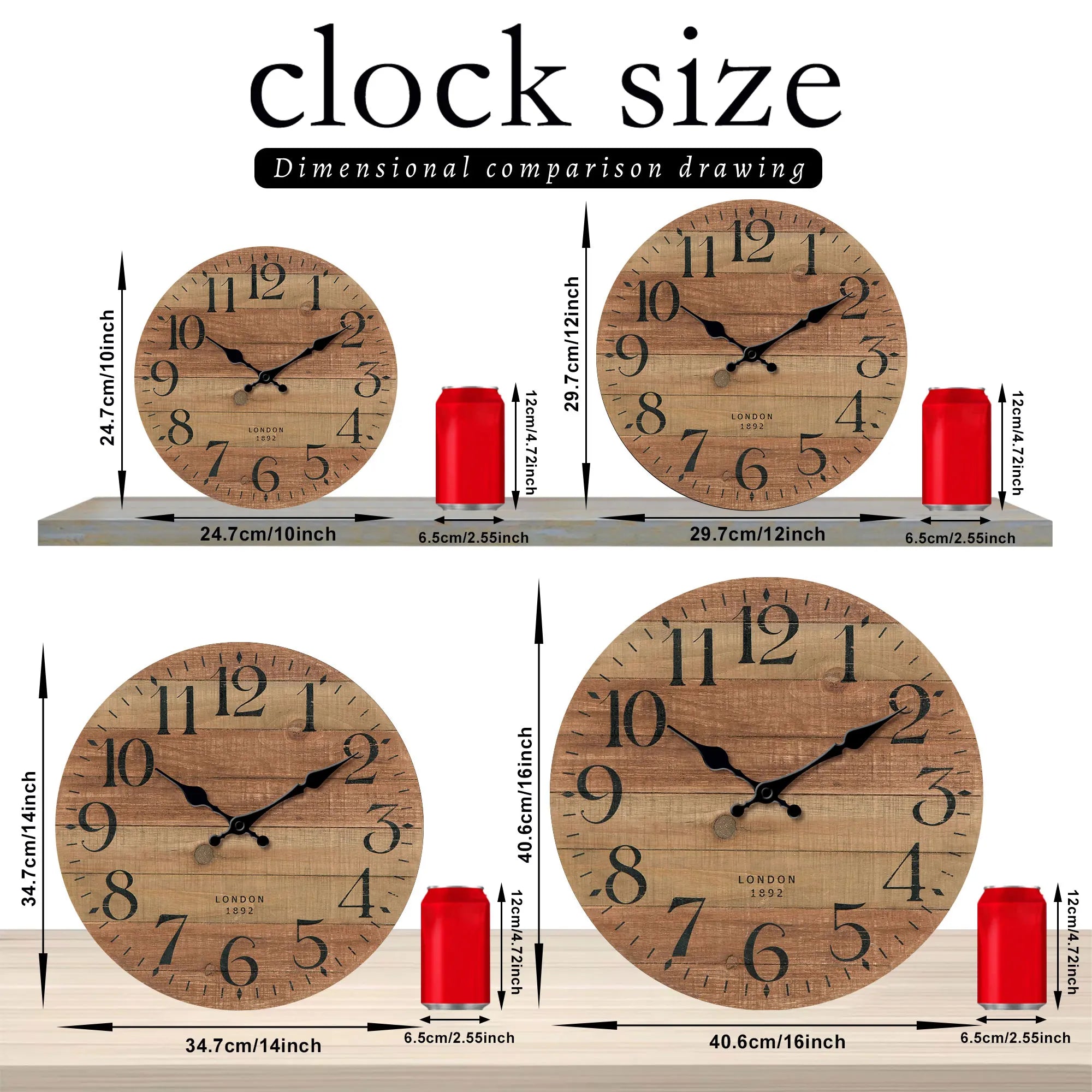 Retro brown wood textured pattern wall clock round wooden silent suitable for living room bedroom decor classic h