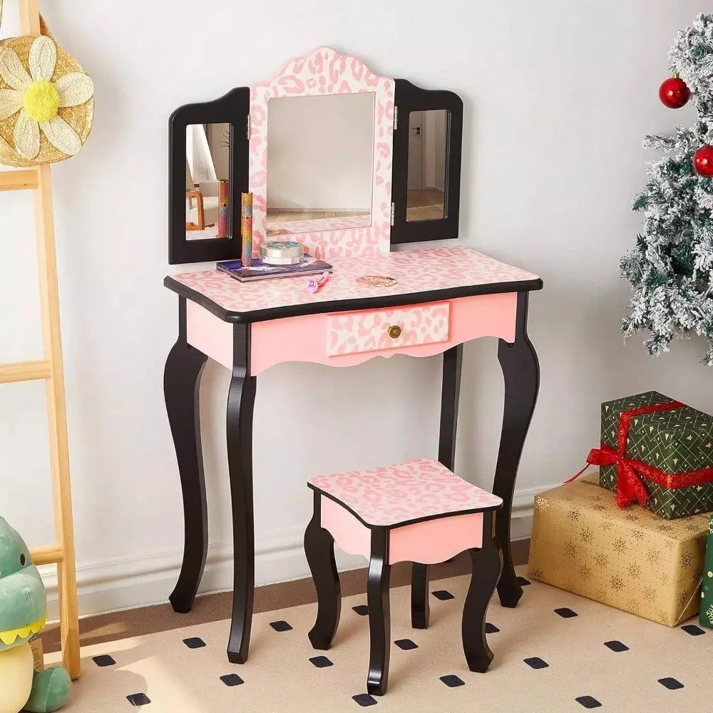 Pretend play vanity table and chair set with mirror makeup dressing gift - united states