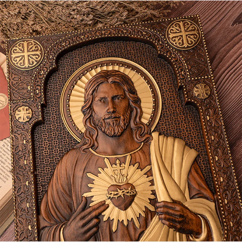 Handmade wooden sacred heart statue - religious wall art plaque catholic christian home decor church altar wood carving