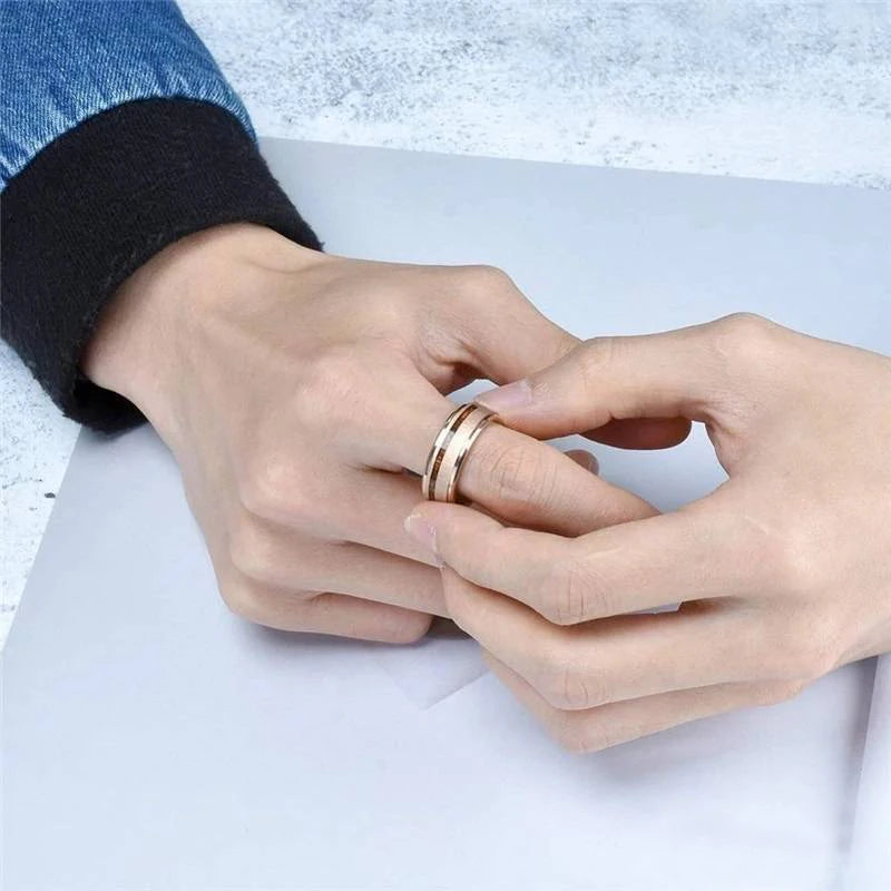 Fashion 8mm men stainless steel ring rose gold color brushed wood inlay rings for women wedding band jewelry birthday