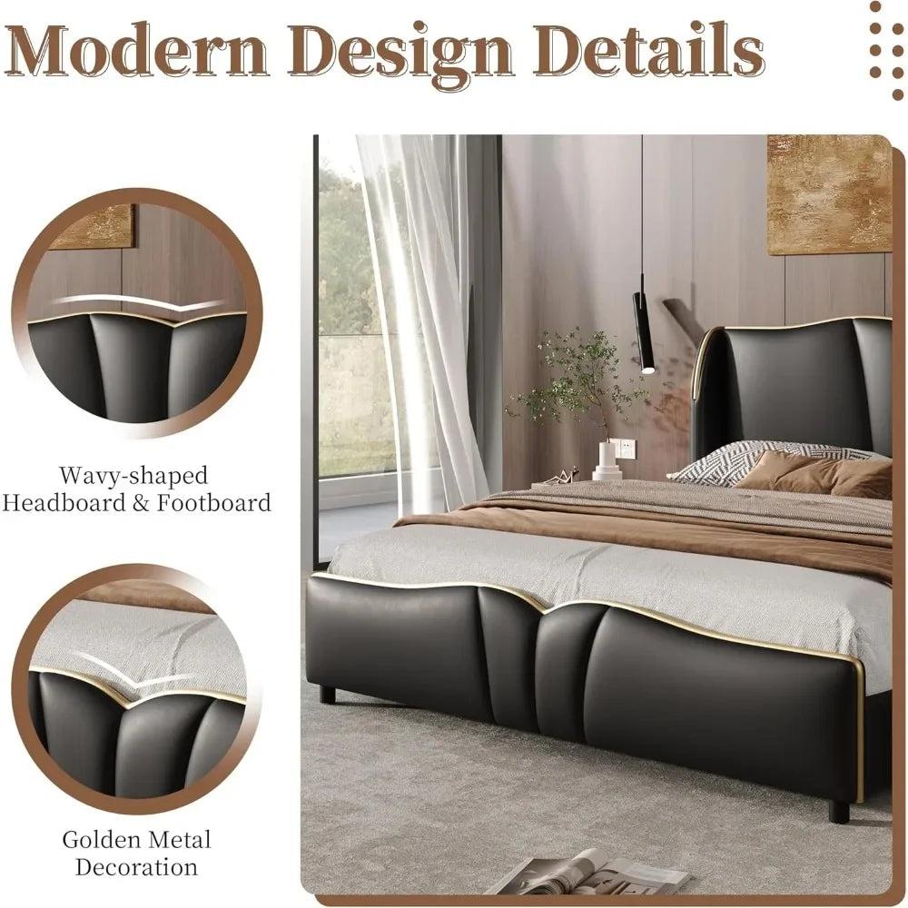 Modern luxury leather platform bed frame - wingback headboard & wavy footboard no box spring required