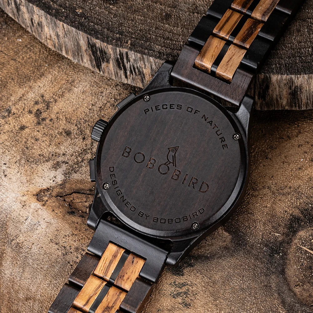 Bobo bird men watches 44mm luxury quartz watch lightweight wooden case and straps for casual support customize gift box