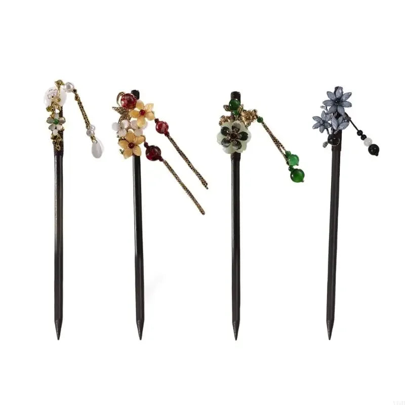 4pcs chinese hairpins for women with tassels and flowers wooden hair sticks - china