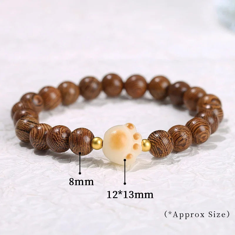 Jd natural wooden bodhi beaded cut cat paw bracelet women men cartoon handmade stretch bangles couple girls jewelry