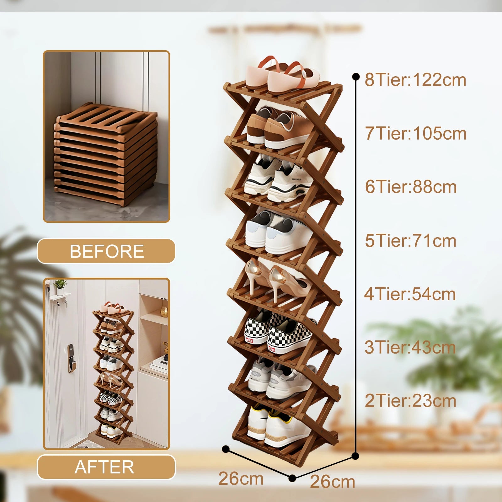 Bamboo folding shoe rack space saving wooden shoes organizer entryway corner shelf stable construction large capacity