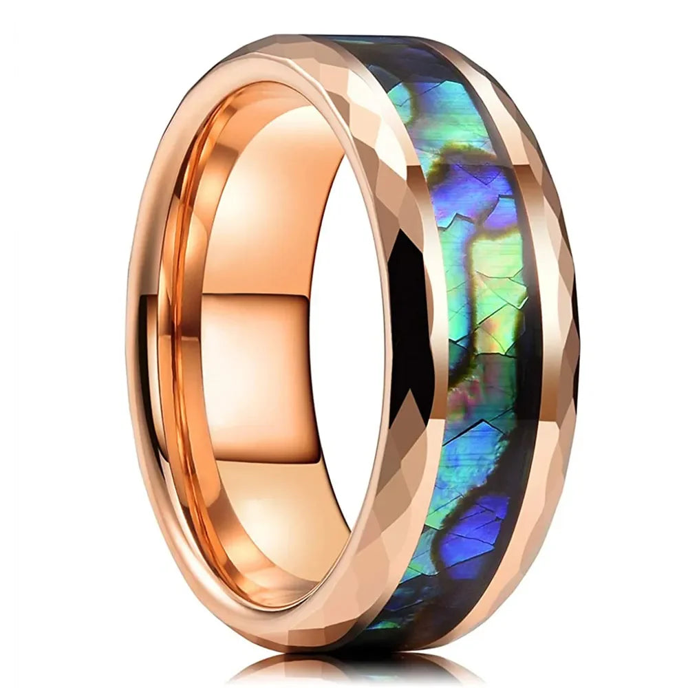 Fashion 8mm rose gold color stainless steel guitar string rings for men inlay hawaiian koa wood wedding band jewelry