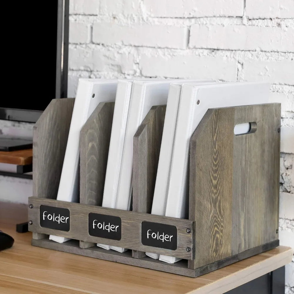 Vintage gray wooden 3-compartment magazine holder with chalkboard label desk document organizer for home and office