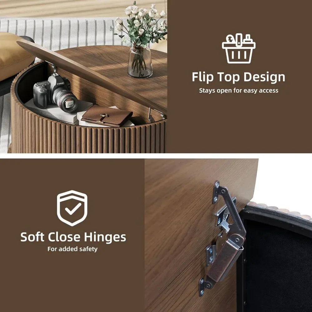 Round coffee table with storage,mid century modern sliding cabinet door,wood for living room