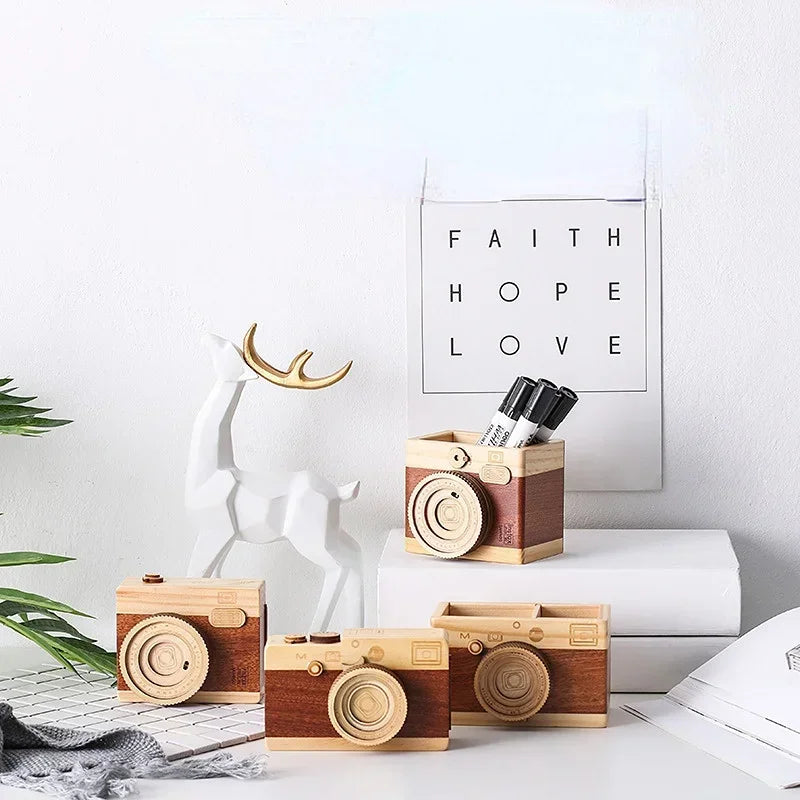 Pencil holder camera-shaped concise wood especial pen container for office