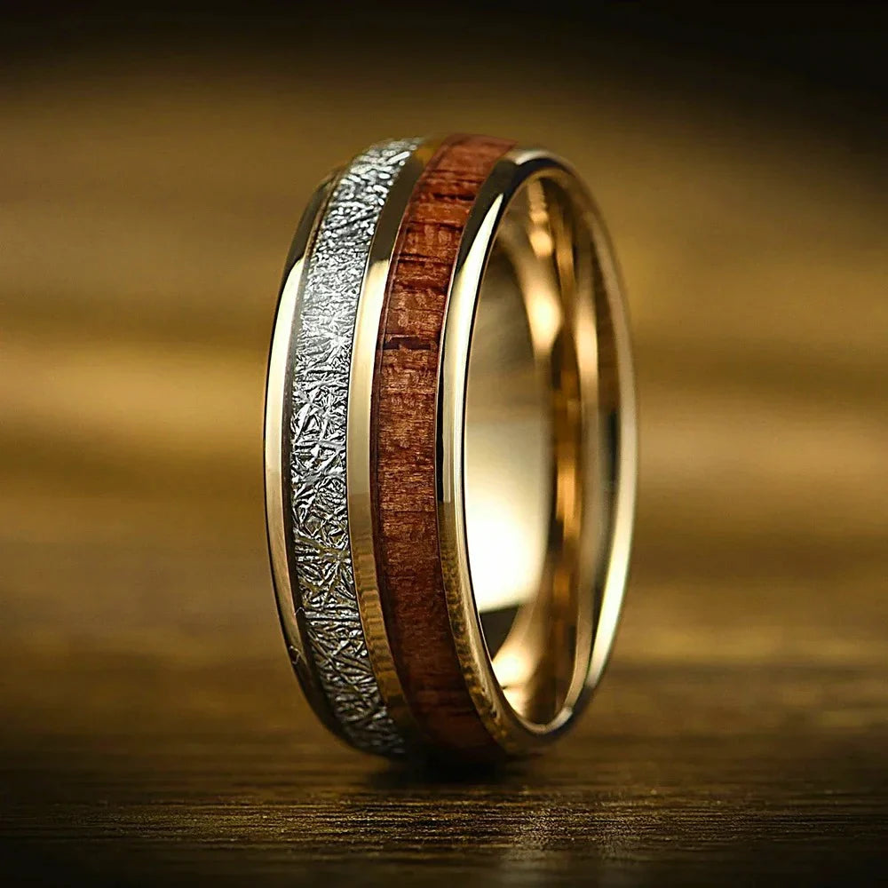 8mm men’s koa wood inlay stainless steel ring unique silver meteorite rings for gift luxury party wedding band jewelry