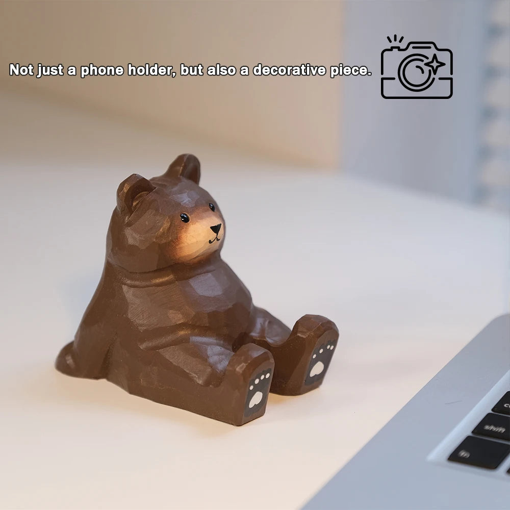 Handcrafted wood carving home decorations desk accessories room decor handmade brown bear statue phone stand