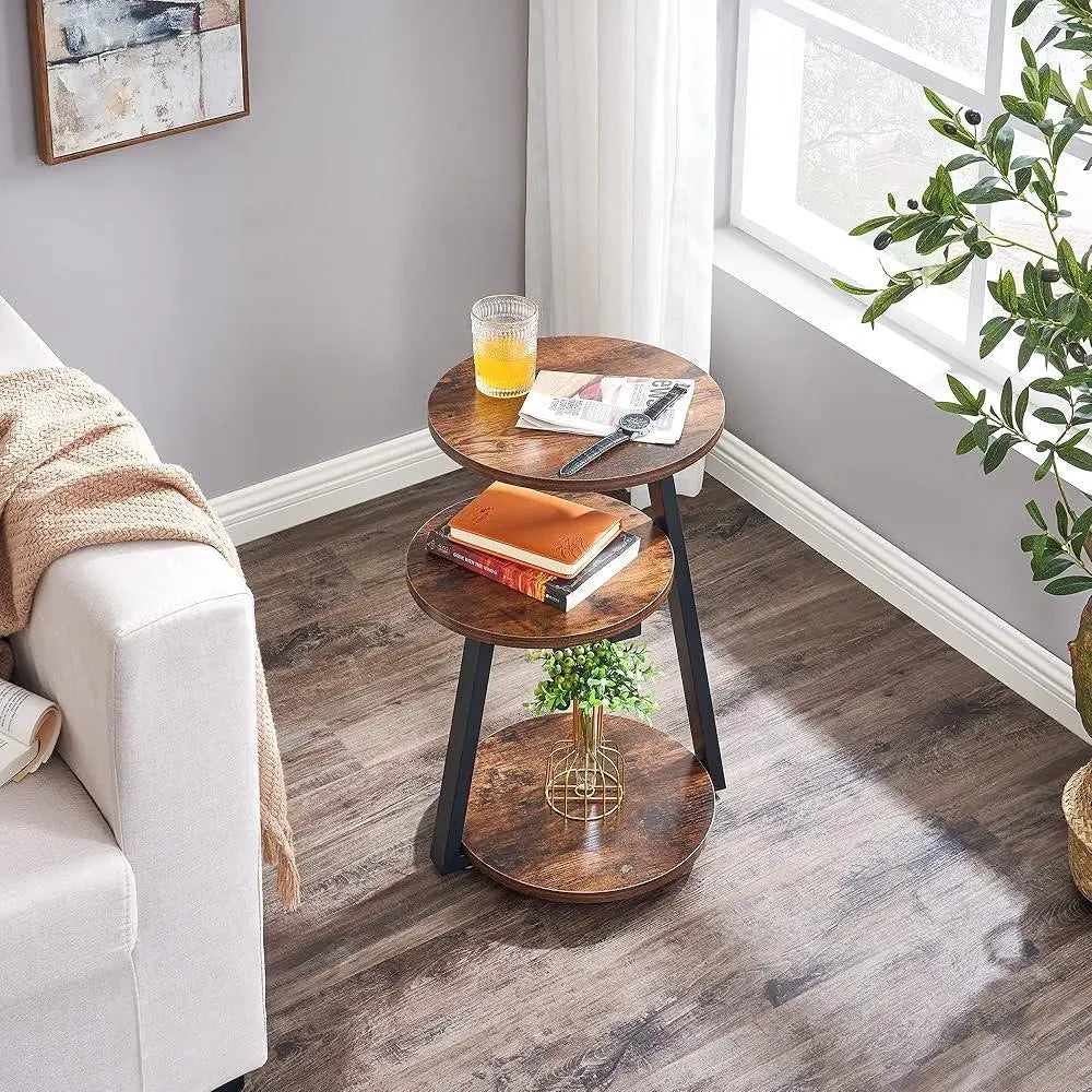 Round end table with 3 tier shelves metal frame small accent side nightstand living room coffee plant stand - united