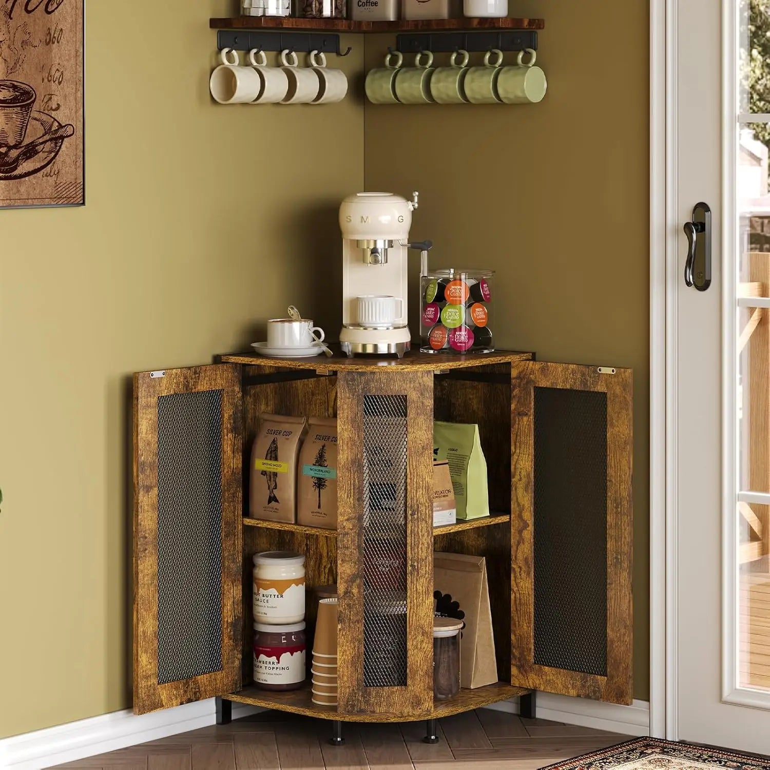 Coffee bar cabinet 3-tier corner with storage shelf & 18.7’’ countertop rustic wood station mag - united states / brown