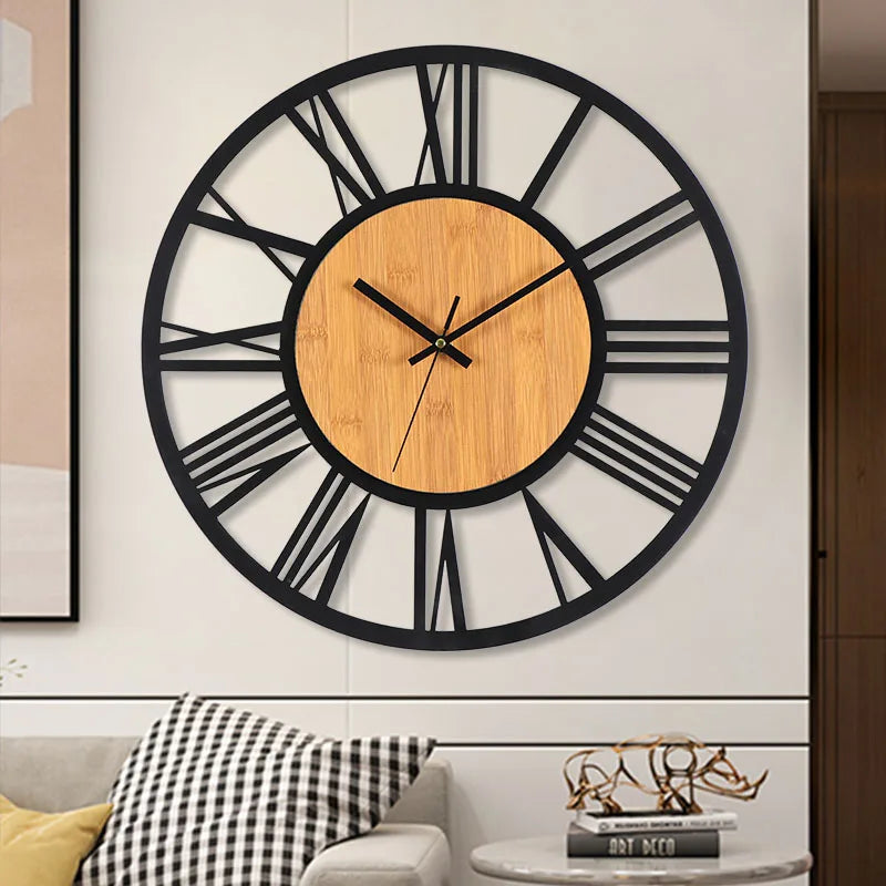 3d large wall clocks nordic roman numerals retro round wood metal iron accurate silent hanging ornament living room