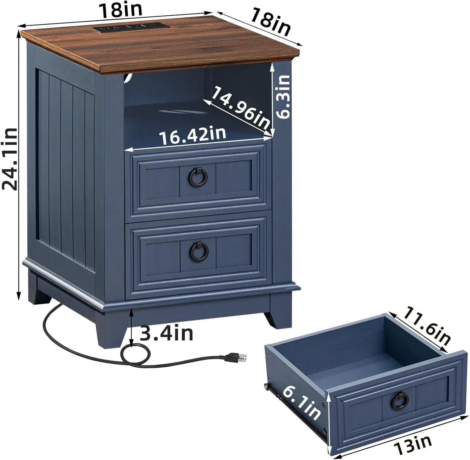 18’’ farmhouse night stand with charging station 2 drawers end table dresser for bedroom blue wooden nightstand bed side